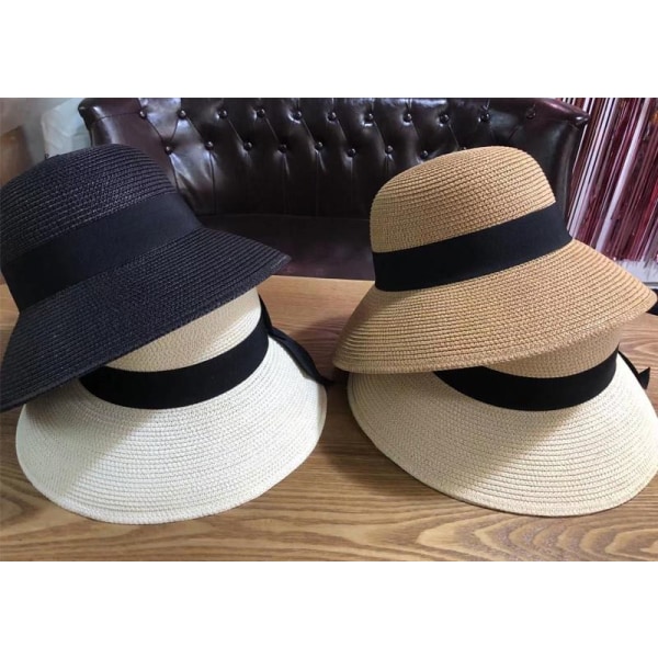 Musta taitettava naisten hattu, kesähattu, leveälierinen aurinkohattu, leukahihna