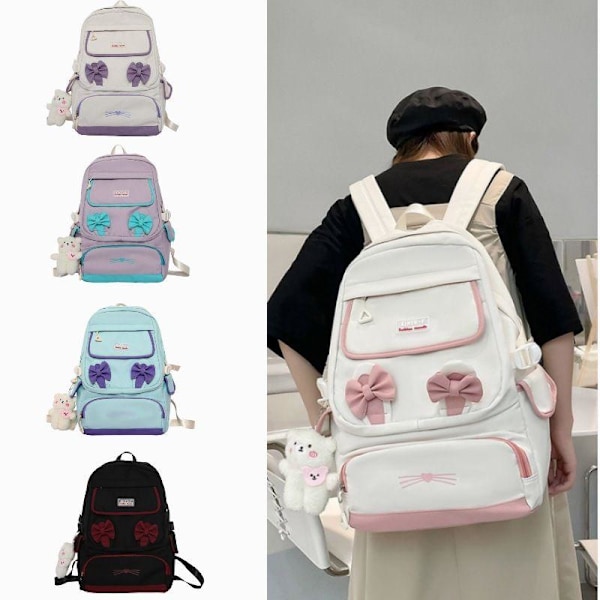 Skolebagg for studenter, ny ungdomsskolebagg, casual ryggsekk, dame skolebagg, utendørs reise, trendy ryggsekk - hvit med pulver