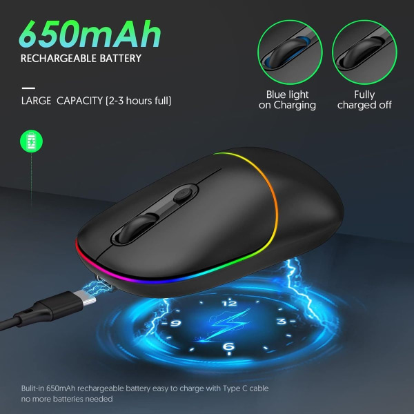 Trådlös LED-mus, uppladdningsbar tyst RGB-belysningsdator
