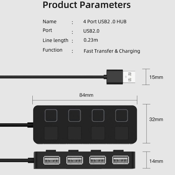 4-portars USB 2.0-datahubb med individuella LED-upplysta strömbrytare