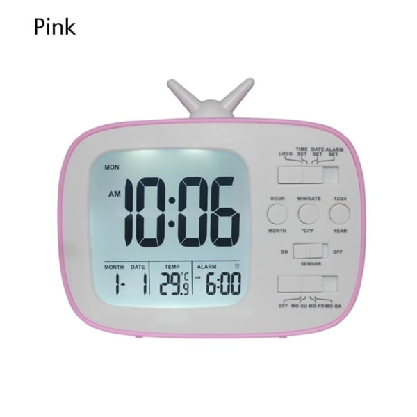G179 Retro TV-vækkeur til studerende, soveværelse, elektronisk ur (Pink English