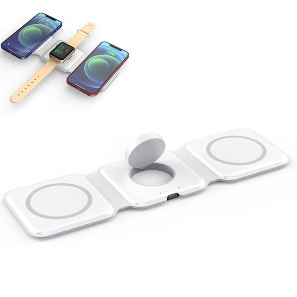 Trådløs ladepute for iPhone, sammenleggbar, kompakt 3 i 1, hvit