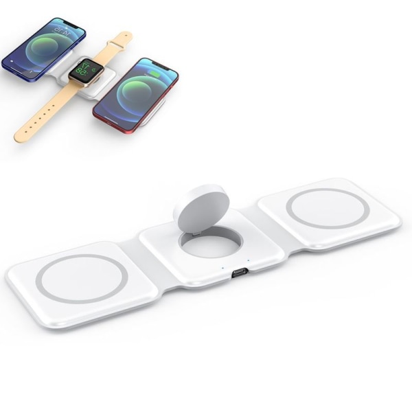 Trådløs opladningsplade til iPhone foldbar, kompakt 3 i 1 hvid