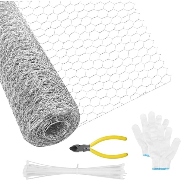 40cmx5m Galvanisert Kaninnett Hexagonalt Netting Kyllingtråd Netting Kyllinghus Voliere Gjerde med 50 Kabelbånd Hansker, Saks for Hage KLB