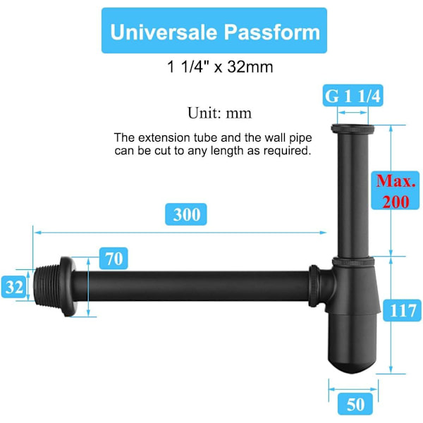 Allas Siphon, Keymark Universal Siphon 200mm Dip Tube, 1 1/4x32mm Säädettävä Sifon Anti Odor vuototiivis, Premium Allas Viemäri Seinämalli Musta