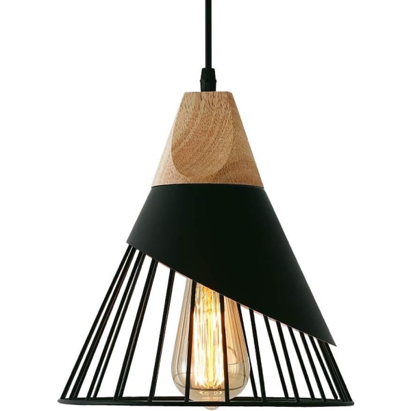 Vintage Pendel, Træ Metal Design Industriel Loftslampe i Pendel Lampeskærm 27 Belysning Væglampe til spisestue Køkken, Sort