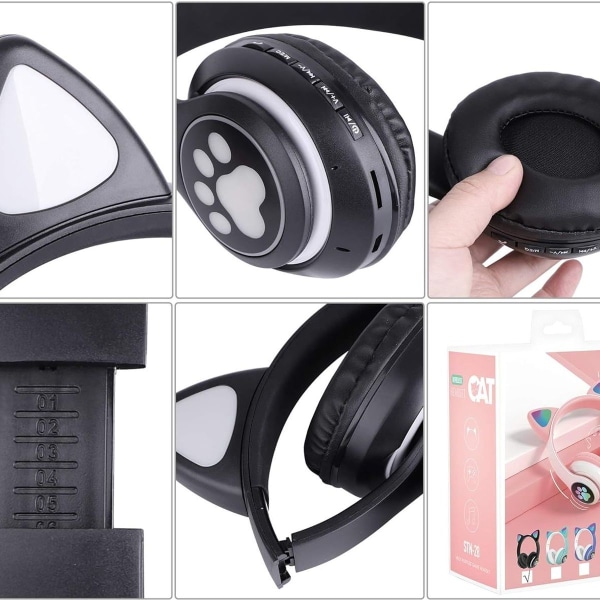 Vackert stereospelheadset med mikrofon, kattöron, cool svart