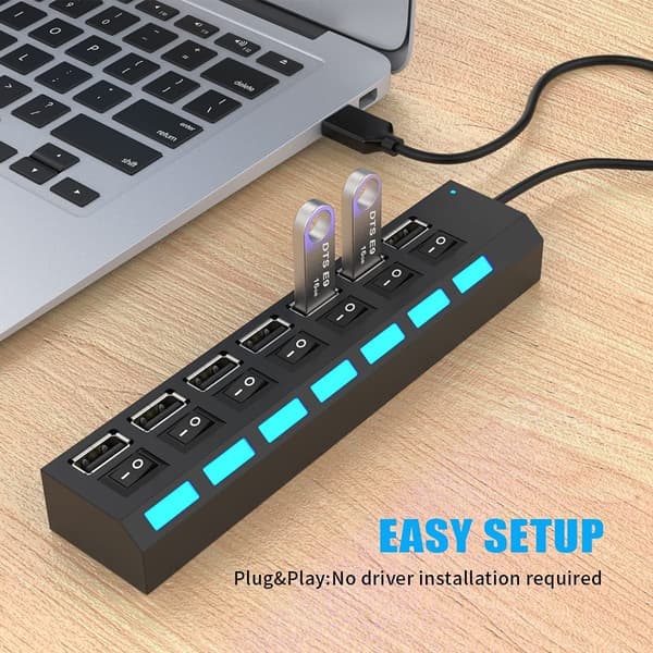 Multiport USB-splitter, 7-i-1 høyhastighets USB 2.0-hub