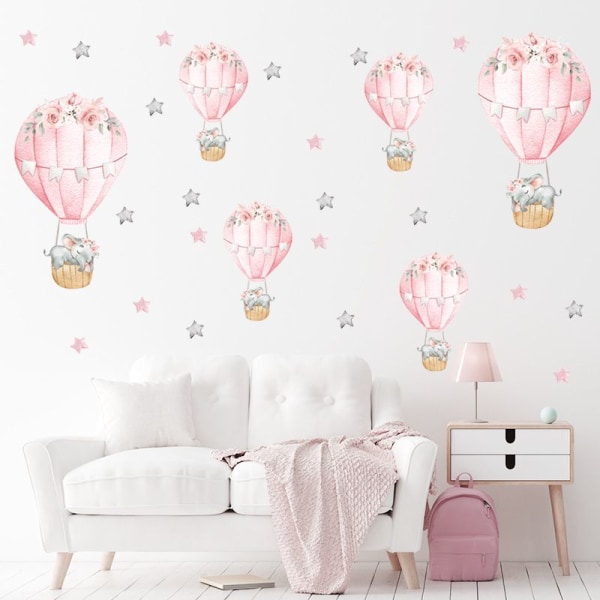 Tvådelad luftballongväggdekal (rosa), sovande elefant, varmluftsballongväggdekor - perfekt för en dagis, lekrum eller barnkammare