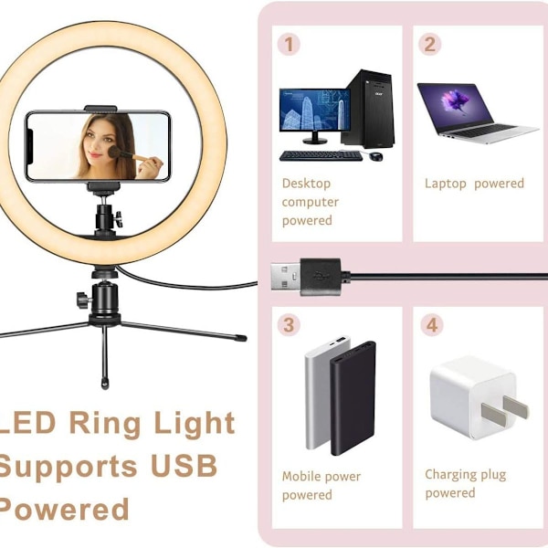 LED-rengasvalo jalustalla ja puhelimen pidikkeellä 10
