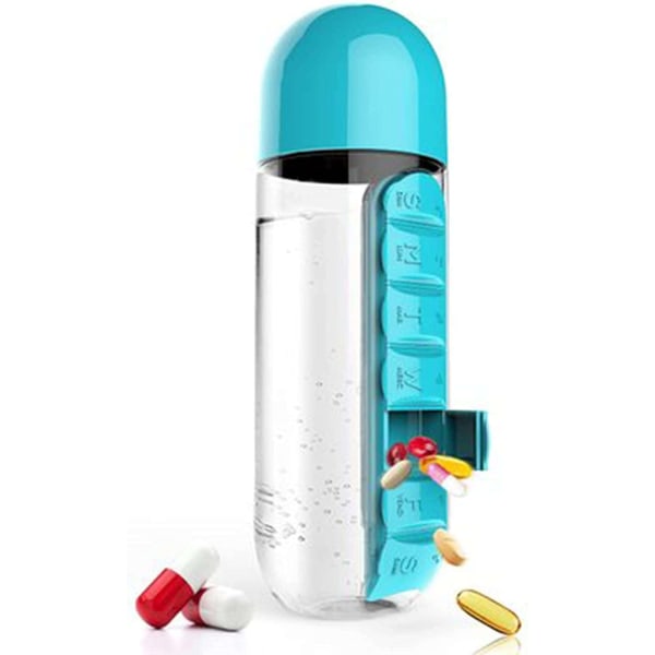 Bærbar 2-i-1 pilleboks/flaske - 600 ml (blå)