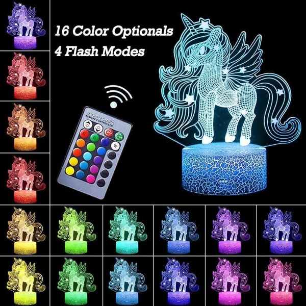 Vegglys 3D Unicorn Night Light 16 Fargeskiftende 3D-lampe med fjernkontroll Christmas KLB