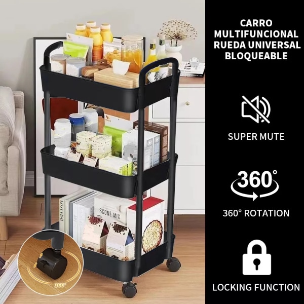 Multifunktionell förvaringsvagn, 3 nivåer, på hjul, 360°, svart KLB