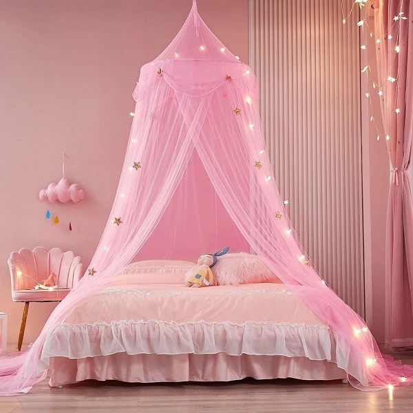 Myggnätstak, sänggardiner kupol, princess star bed tält rosa