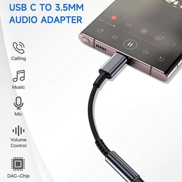 USB-C til 3,5 mm hodetelefonkontaktadapter (2 pakker), USB grå