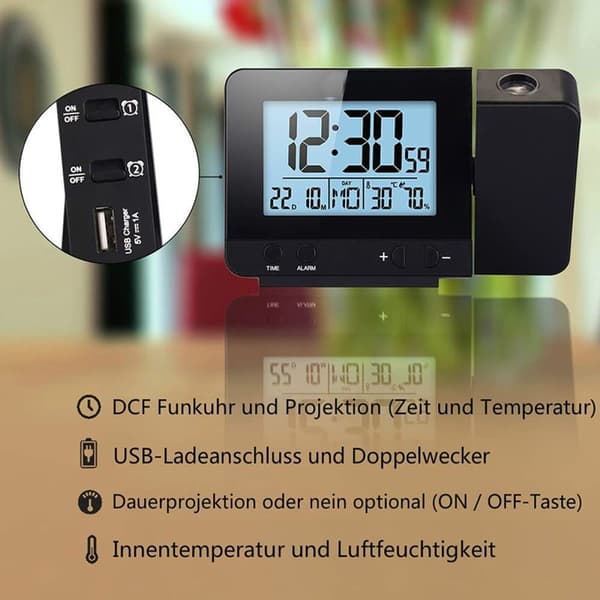 Digital projektionsväckarklocka med temperatur och