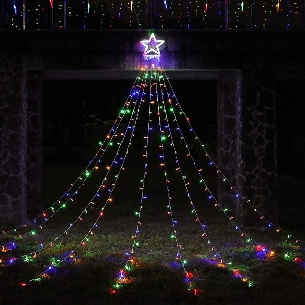 350 LED joulukuusen valoseppele tähdellä, 9 * 3,5 m valkoinen joulukuusen valoverho, monivärinen joulukoristelu ulkona ja sisällä