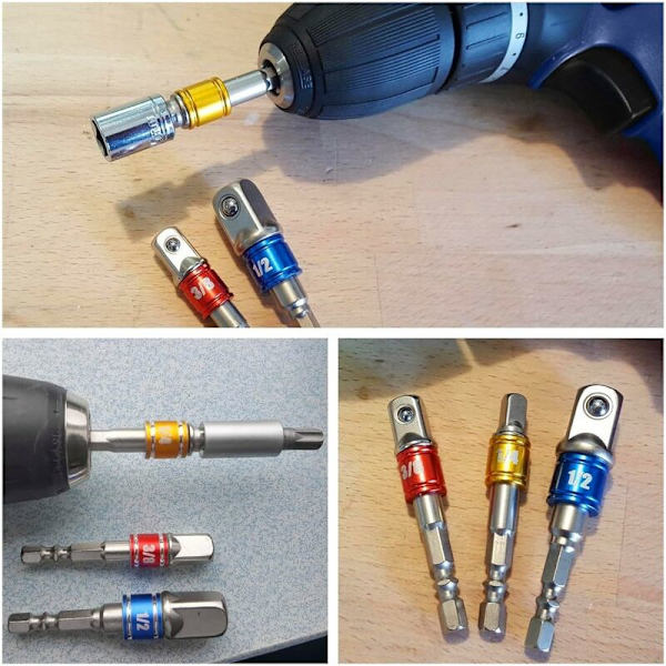 Stikdåseholderadaptere på boremaskine/slagdriver. Sæt med 3 firkantede chuckadaptere 1/4\",1/2\",3/8\" i Chome Vanadium KLB