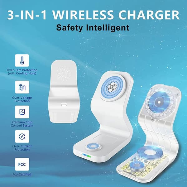 Magnetisk trådløs lader, 3 i 1 15W trådløs lader hvit