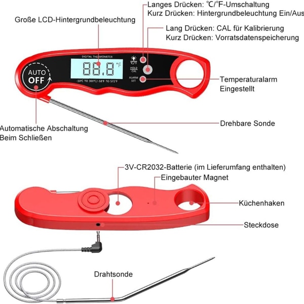 Grilltermometer digitalt kødtermometer stegetermometer med øjeblikkelig aflæsning, KLB
