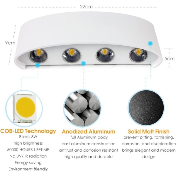8W LED væglampe - Indendørs udendørs væglampe IP65 Justerbar vægbelysning op og ned Hvid til hjem Soveværelse Stue Korridor Trappe
