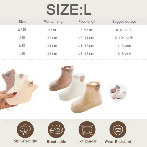 3 par sommer mesh bomullssokker for babygutter, småbarnsjenter L KLB
