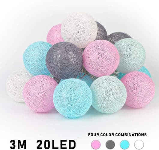 LED-lyskjede med bomullskuler, batteridrevet, 3M 20 LED-kule