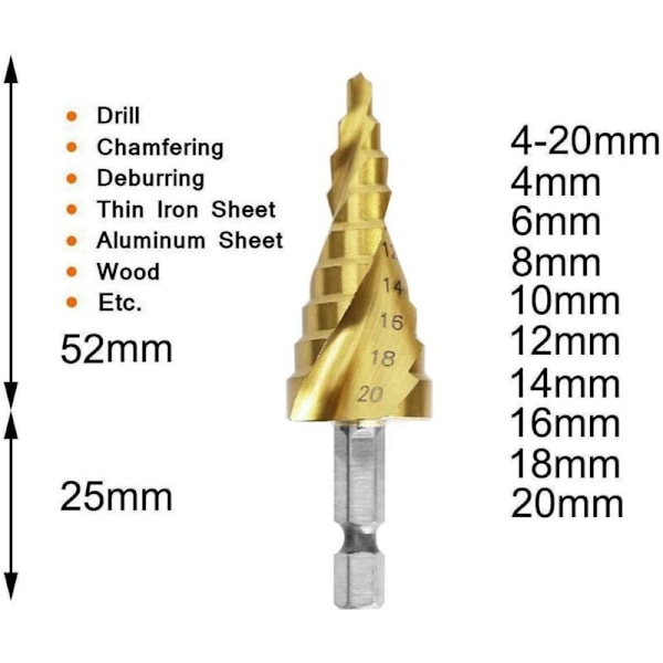 Metal Trin Drill Bits, Hss Konisk Bor med Hexagon Triange Skaft til Metal/Træ/Plast Sæt med 3 Stk 4-12/4-20/4-32mm KLB