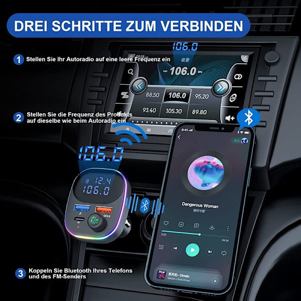 Bluetooth-sovitin autoon, Bluetooth FM -lähetin QC3.0 & PD3.0 Type C