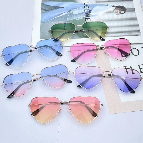 Hjerteformede solbriller med to gradienter av blått + gradientpulver Hippy for hippiekostymetilbehør, innfatning i rosa gull