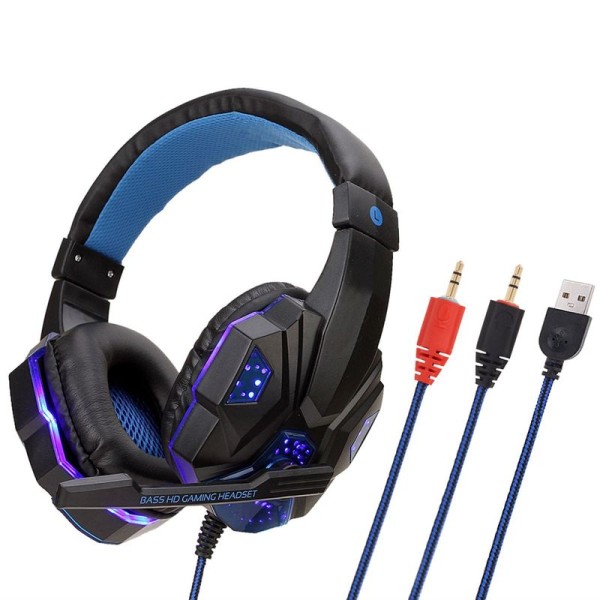 RGB gaming headset med stereo surroundlyd, PC svart og blått