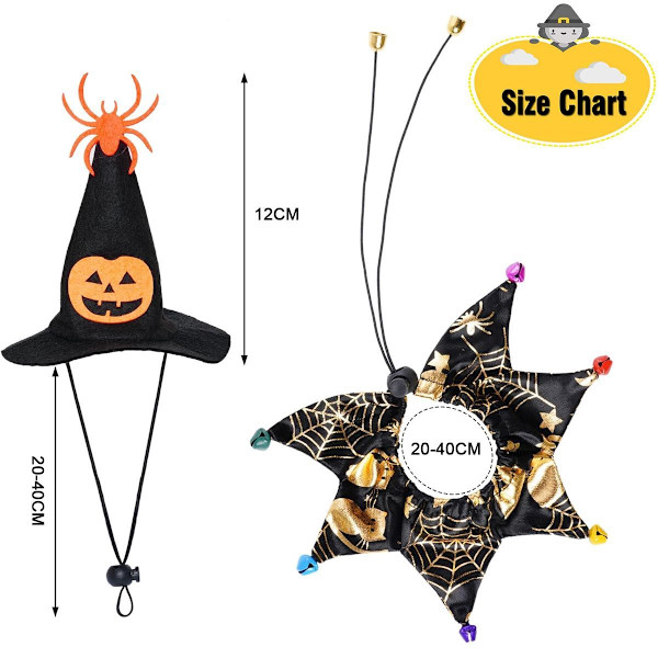 Kissan noita Halloween-asu, koiran kaulapanta ja noidan hattu KLB:lle