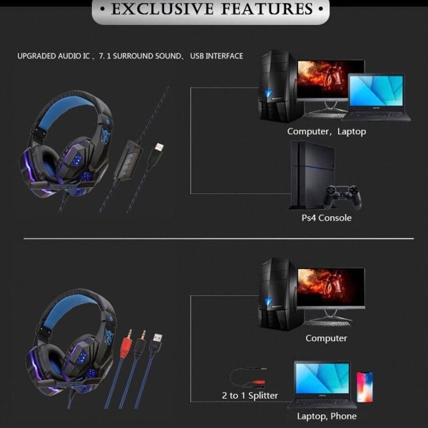 RGB gaming headset med stereo surround sound, PC sort og blå