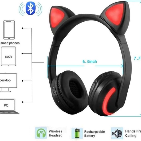 Trådløse Bluetooth katteøre-headset med mikrofon og 7-farvet LED