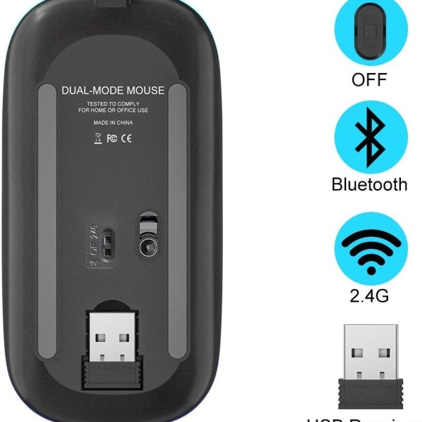 Trådlös LED-mus, laddningsbar 2.4G tyst mus, Bluetooth