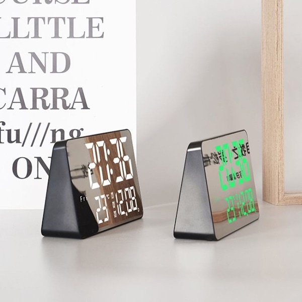 Spegels LED Multifunktion Temperaturväckarklocka Sängbords Touch Digitalklocka (Svart Grön