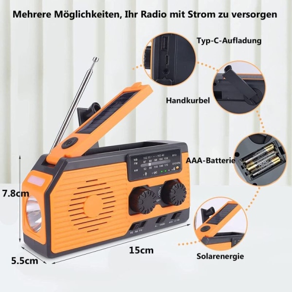 Solcelledrevet radio med håndsving, nødradio, dynamo-radio med solladning, håndsving,