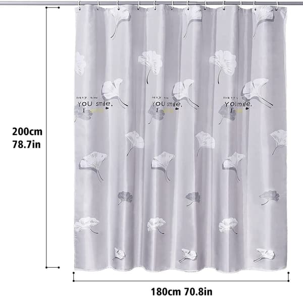 Duschdraperi, Duschdraperi 180x200 cm, Grått Ginkgo Bladmönster, Maskintvättbar Polyester Duschdraperier med Nedre Fåll L-