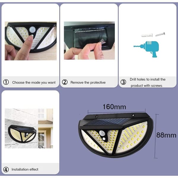 Utendørs solcellelamper med bevegelsessensor, 118 superlyse 300° LED utendørs spotlights, 3 moduser, 4 vanntette solcellevegglamper KLB