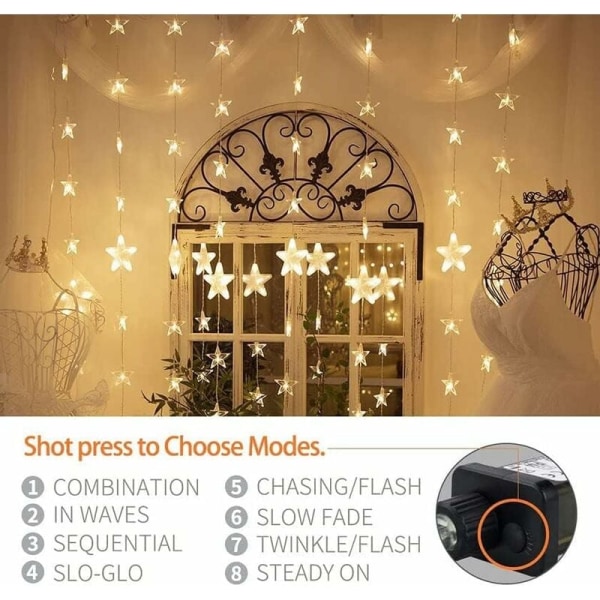 Stjernelys gardin, 144 LED vindusstanglys med 8 blinkende moduser dekorasjon for jul, bryllup, fest, hjem, soverom KLB