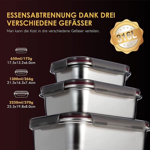 3-delt sæt madopbevaringsbeholdere, rustfrit stål opbevaringsbeholdere med