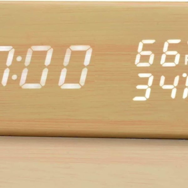 LED digital väckarklocka med 3 inställningar, våttemperatur och elektronisk träklocka