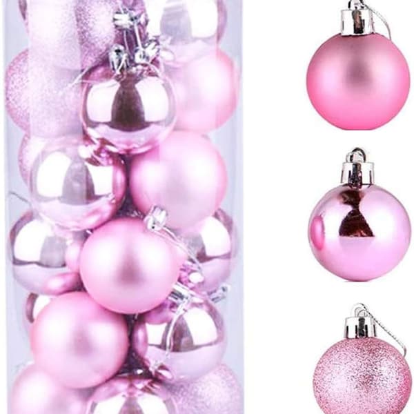 Julekuler, 24 stk rosa julepynt, matt, blank, glitter KLB