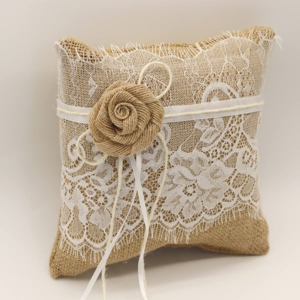 Linen bow lace ring cushion 19cm