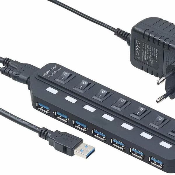 USB-multikontakt: Aktiv USB 3.0-hubb med 7 portar, individuellt omkopplingsbar, KLB