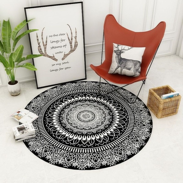 Sisä- ja ulkokäyttöön sopiva pyöreä matto kukkien ympärillä musta 120x120cm sisä- ja ulkokäyttöön KLB