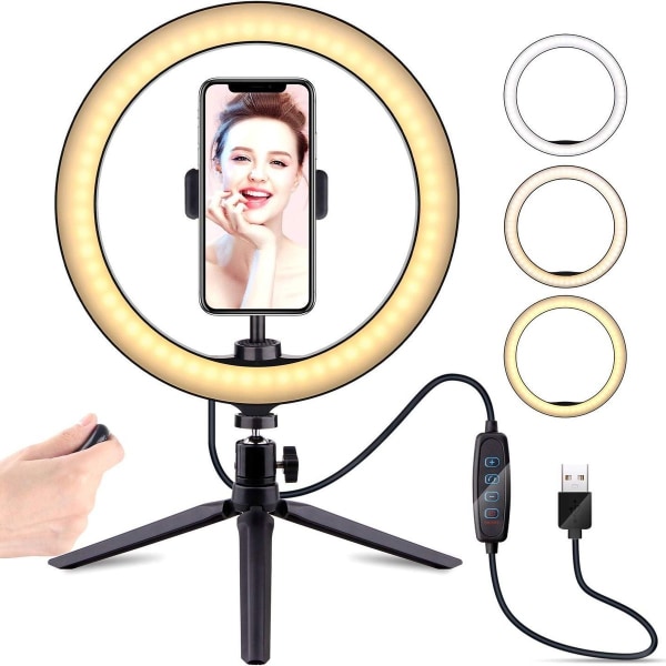 10" Selfie-ringlys med stativ, dæmpbar skrivebords-LED-lampe, kameraringlys med KLB