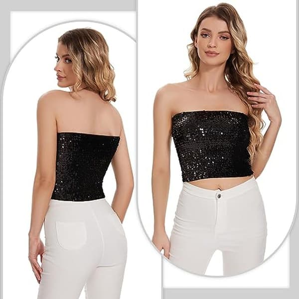 Glitrende Sequin Crop Tops til Kvinder Metalliske Tube Tops Stropløse Sorte
