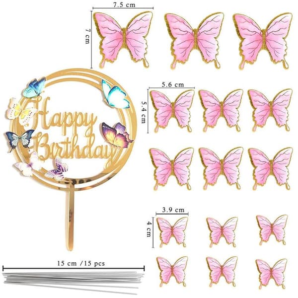 Pink sommerfugl kagepynt, 16 stk. sommerfugl cupcake pynt