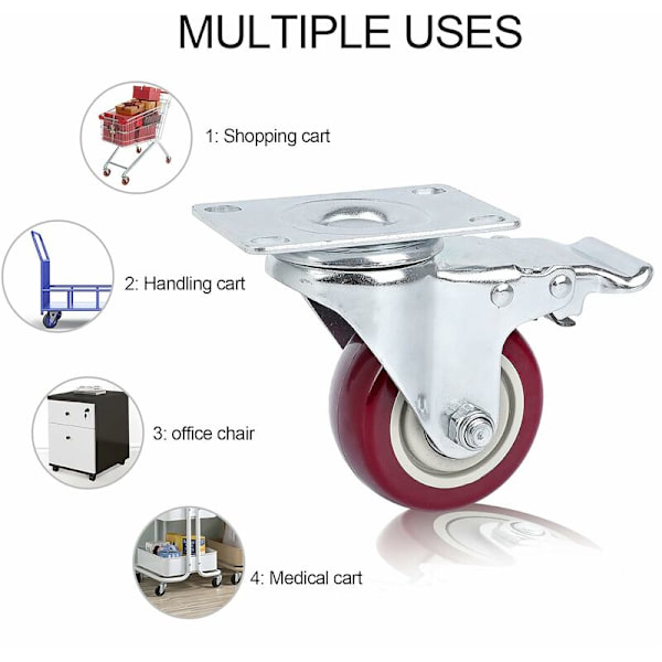 125mm svingbare transporthjul med bremser og skruer - 360° rotasjon - for pallmøbler - Maksimal belastning: 150 kg - (Rød, 2 stk) KLB